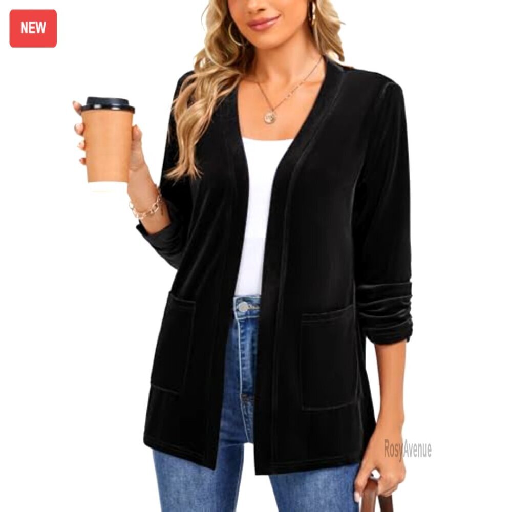 Velvet Cardigan 3/4 Sleeve Open Front Pockets Office Casual - Picture 7 of 7